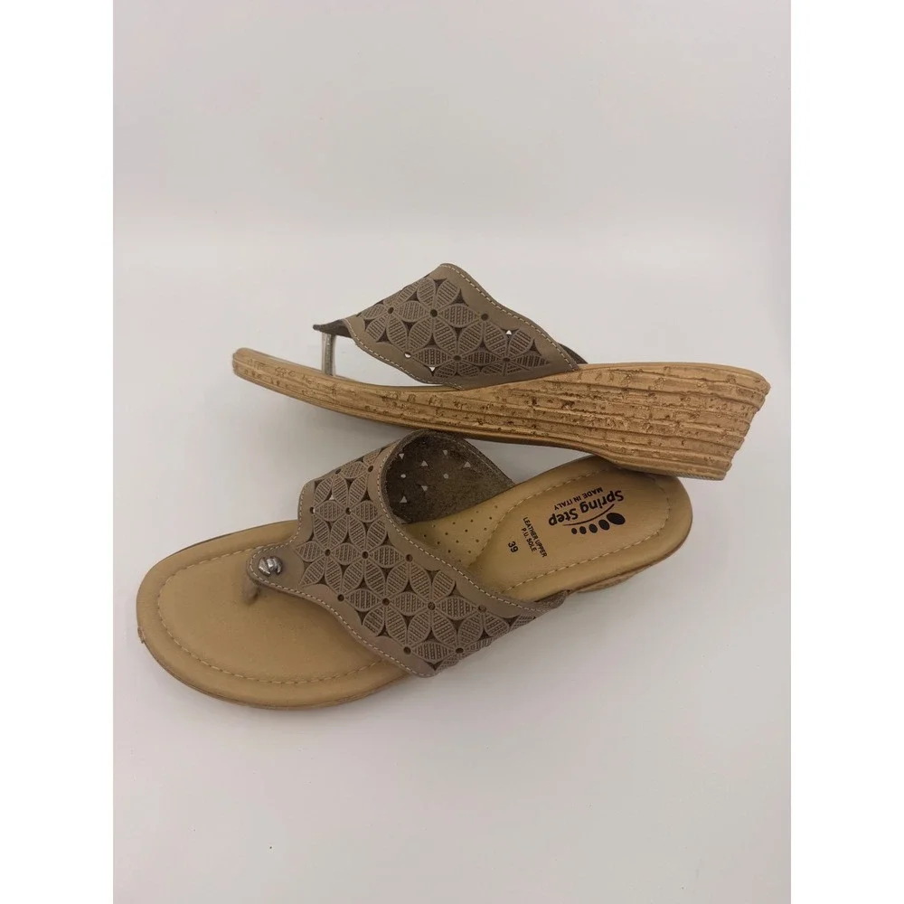 Spring Step Womens Tan Leather Laser Cut Floral Wedge Thong Sandal Made in Italy